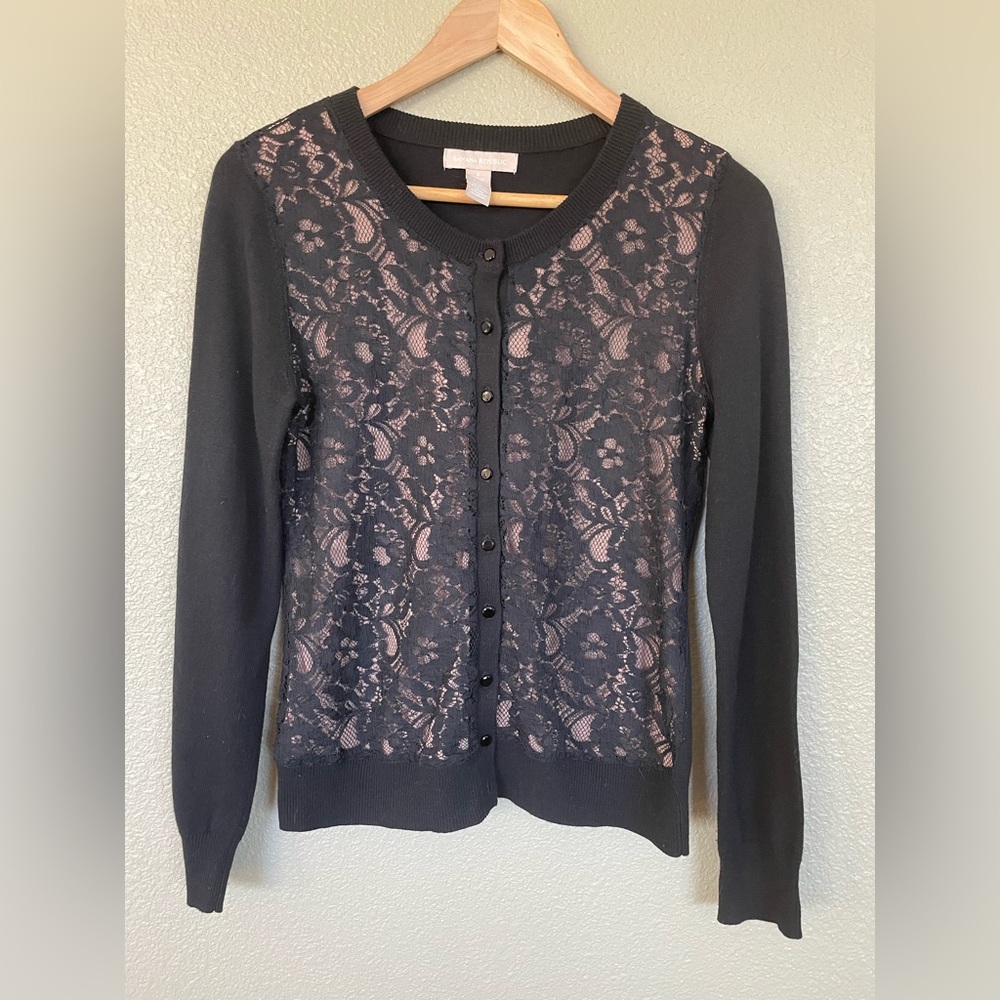 Lace front black button up cardigan